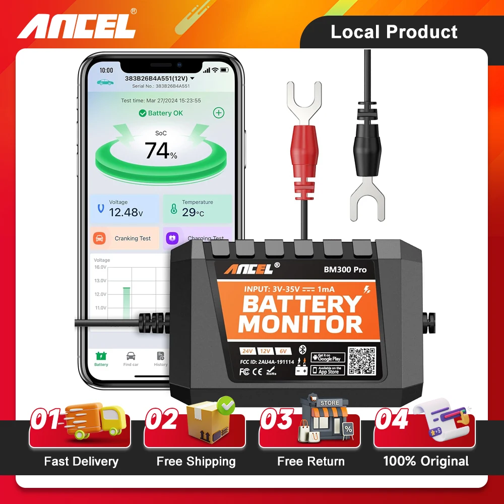 ANCEL BM300 Pro Battery Monitor Tester 6V/12V/24V Bluetooth Analyzer Circuit Cranking/Charging Test Tools for Car Motorcycle