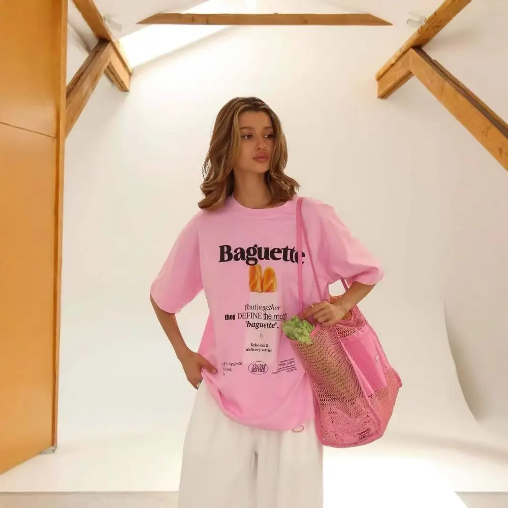New Pink Bread Print Graphic T Shirt Women Short Sleeve 100% Cotton Oversized T Shirt Men American Fashion Summer T-shirt 2025
