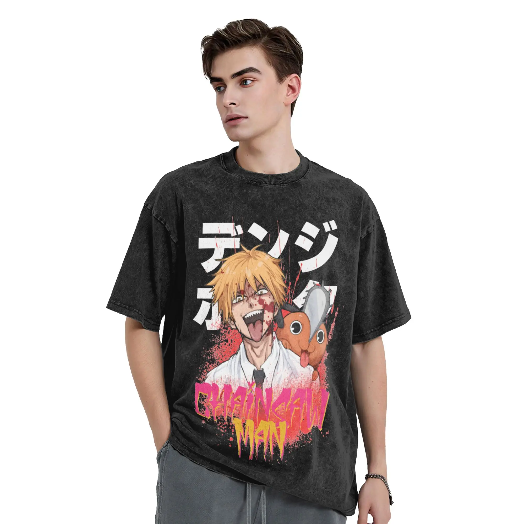 Chainsaws Man Anime Pochita Vintage Washed Tshirts Men's Cotton Top Tee Funny  Round Neck Short Sleeve