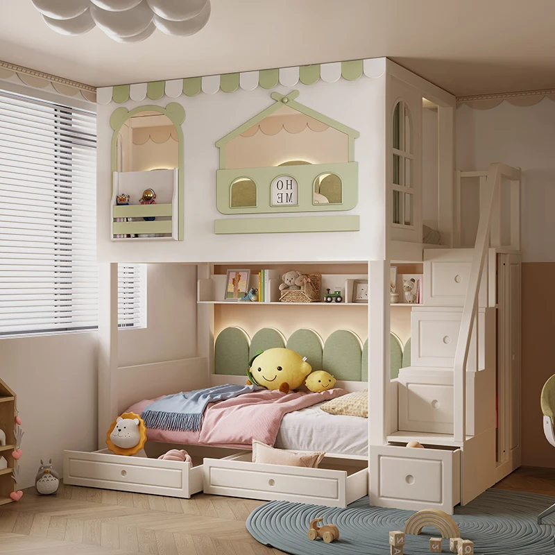 جميع سرير الأطفال المصنوع من الخشب الصلب، شقة صغيرة، سرير صبي لأعلى ولأسفل، سرير مرتفع ومنخفض، سرير الأم والطفل، بطابقين علويًا #1