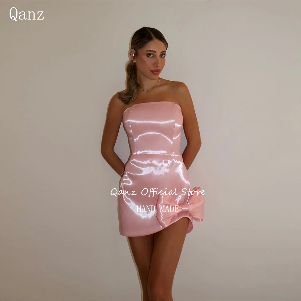 

Qanz Pink Shiny Satin Prom Dresses Strapless Mini Vestidos Para Eventos Especiales With Bow Wedding Party Dress Customized