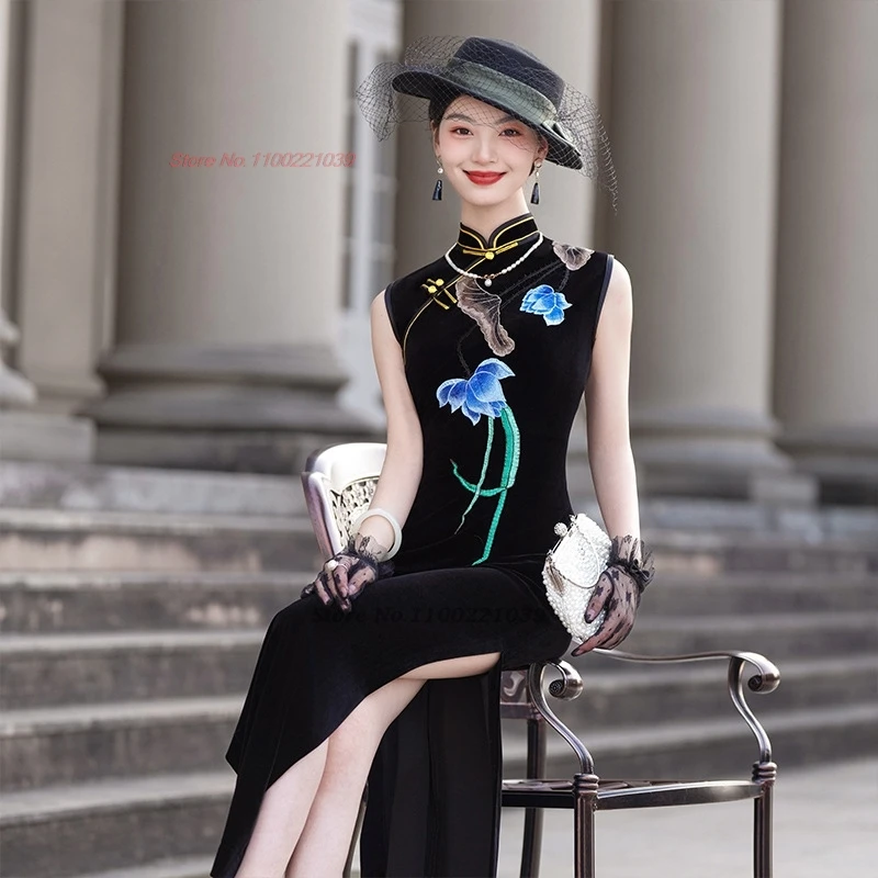 

2025 chinese improved qipao dress national flower embroidery sleeveless velvet dress oriental banquet evening dress cheongsam
