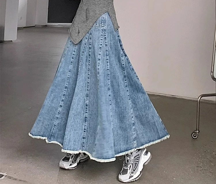 حجم كبير 2XL-6XL ريترو الأزرق المرأة الصيف كبير سوينغ الدنيم تنورة موضة عالية الخصر ألف خط التنانير الكورية فضفاضة ومتعددة الاستخدامات