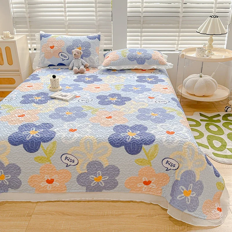 Floral Printed Thickened Bed Cover Cotton Filled Quilted Single Double Size Bedspread Sweet Lace Trim Soft Bed Sheet Sofa Covers