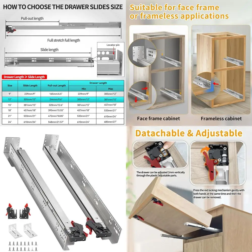 

12-дюймовые направляющие для выдвижных ящиков с нижним креплением, с блокировками и монтажными кронштейнами (6 пар)