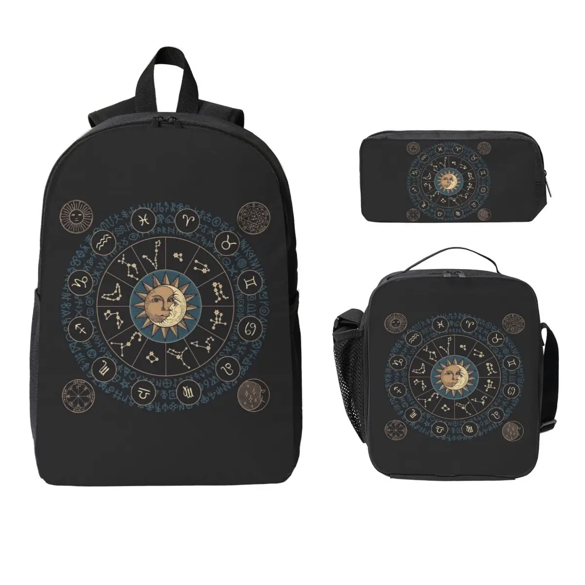 Horoscope Wheel With Zodiac Signs Backpack Student BookBag School Bag Laptop Shoulder Bags 3ps Insulated Lunch Bag Pencil Case
