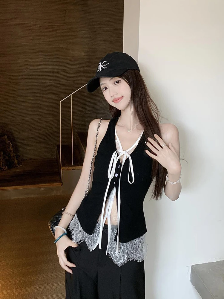Lace Patchwork Sleeveless Cardigan Korean Chic Slim Lace Up Casual Blouse Spring Y2K Summer Splicing All Match Faux 2 Piece Top
