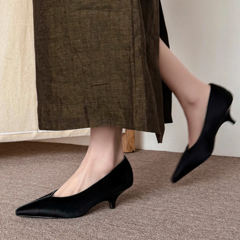 Women’s Horsehair Pointed-Toe Mid-High Heel Office Pumps
