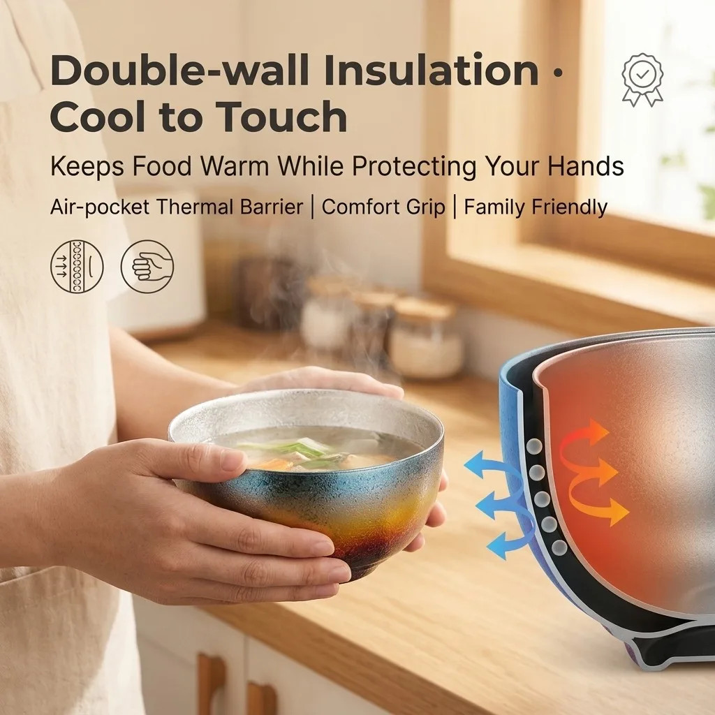 Taience Pure Titanium Bowl 450ml Double Wall Insulated Soup Rice Noodle Bowl Antibacterial Lightweight Stackable