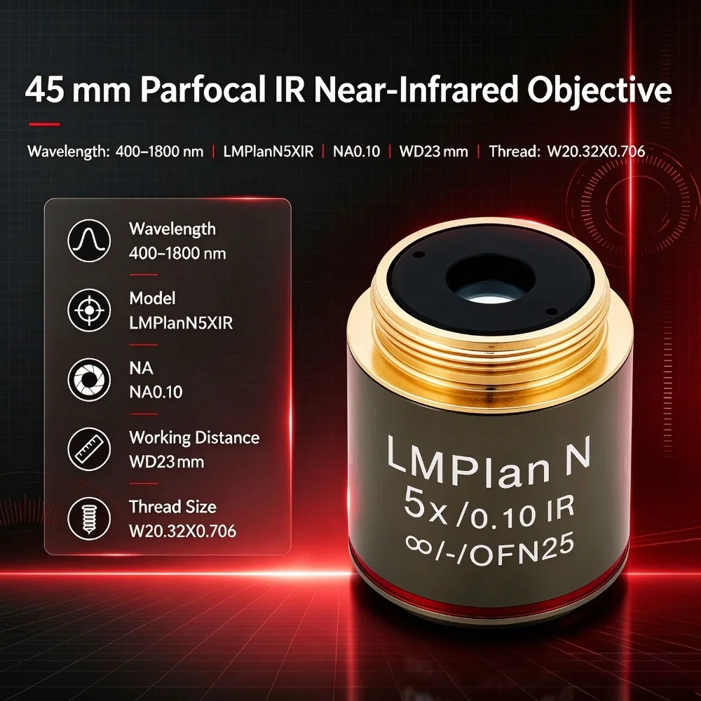 Metallographic Flat-field Semi-apochromatic 45mm Parfocal Near-infrared NIR LMPLN5XIR Objective Replaces Olympus 400-1800nm