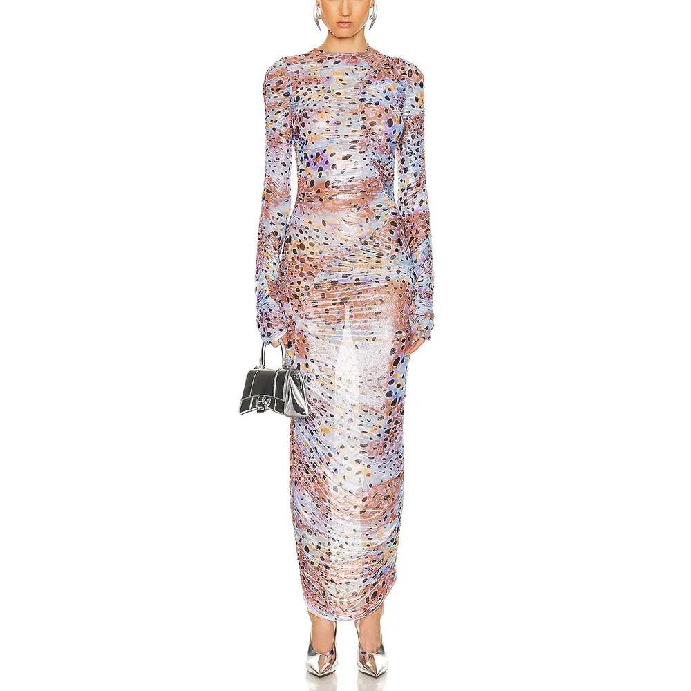 

2024 Spring New Women's Dress Y2k Retro Fashion Printed Pleated Waist Slim Temperament Peplum Round Neck Long Sleeve Long Dress