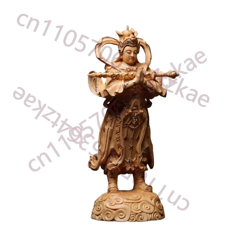 Hand-Carved Hinoki Wood Skanda & Veda Statue - 11.8