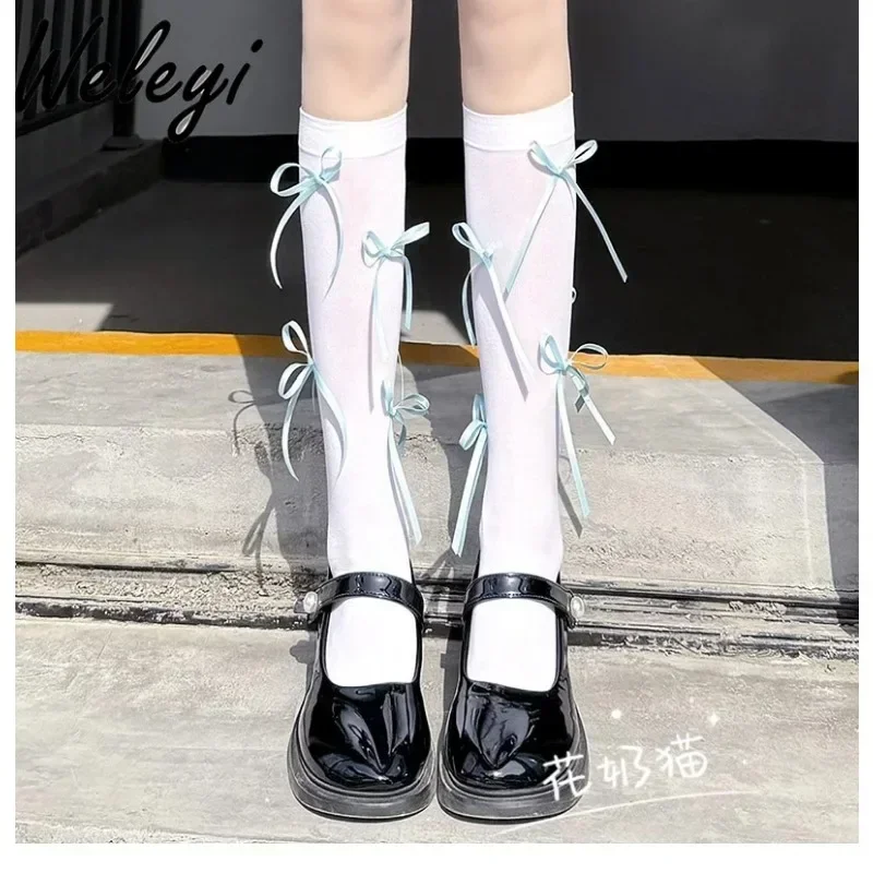 Japanese Girls Jiraikei Bow Cotton Calf Socks 2024 Summer Autumn New Cute Girly Pink Mid-Calf Socks Thin White Long Stockings