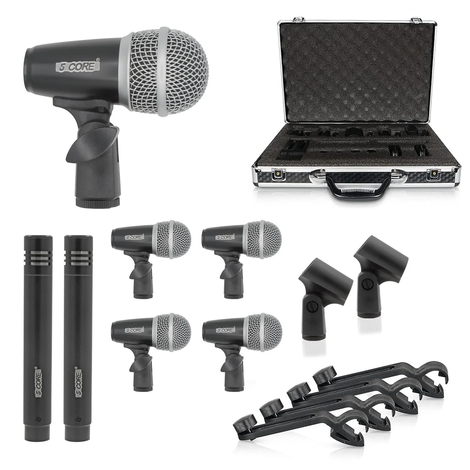 

5 Core Drum Mic Kit 7 Pcs Kick Bass Tom Snare Dynamic Mics Instrument Microphone Set DM 7RND BLK