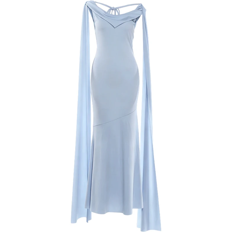 Weird Puss Rückenfreies Bandage-Maxikleid für Damen, langes, mit Quasten versehenes, tief ausgeschnittenes, einfarbiges, schmales, elegantes Kleid für Geburtstagsfeiern, schicke Urlaubskleider – Detail 2