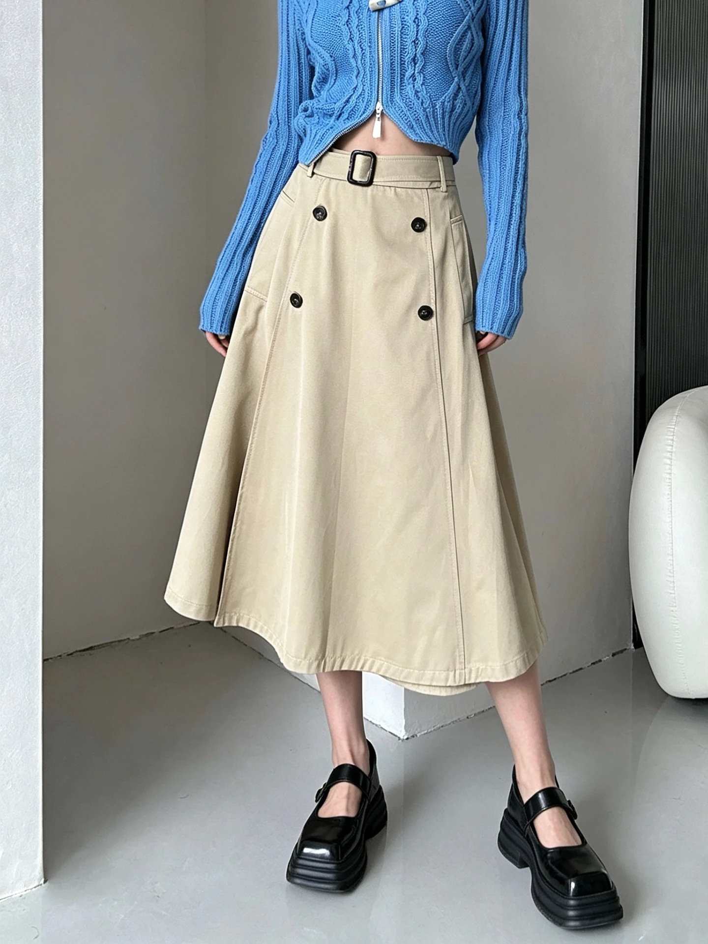 High Quality British Style Umbrella Skirt A-Line Half Skirt Double Row Buttons High Waist Lenzing Cotton Polyester Blend