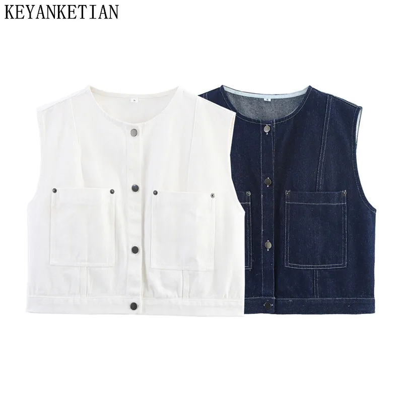 

KEYANKETIAN Autumn New Women's Round Neck Pocket Denim Jacket Outdoor Activities, Women Sleeveless Denim Jacket