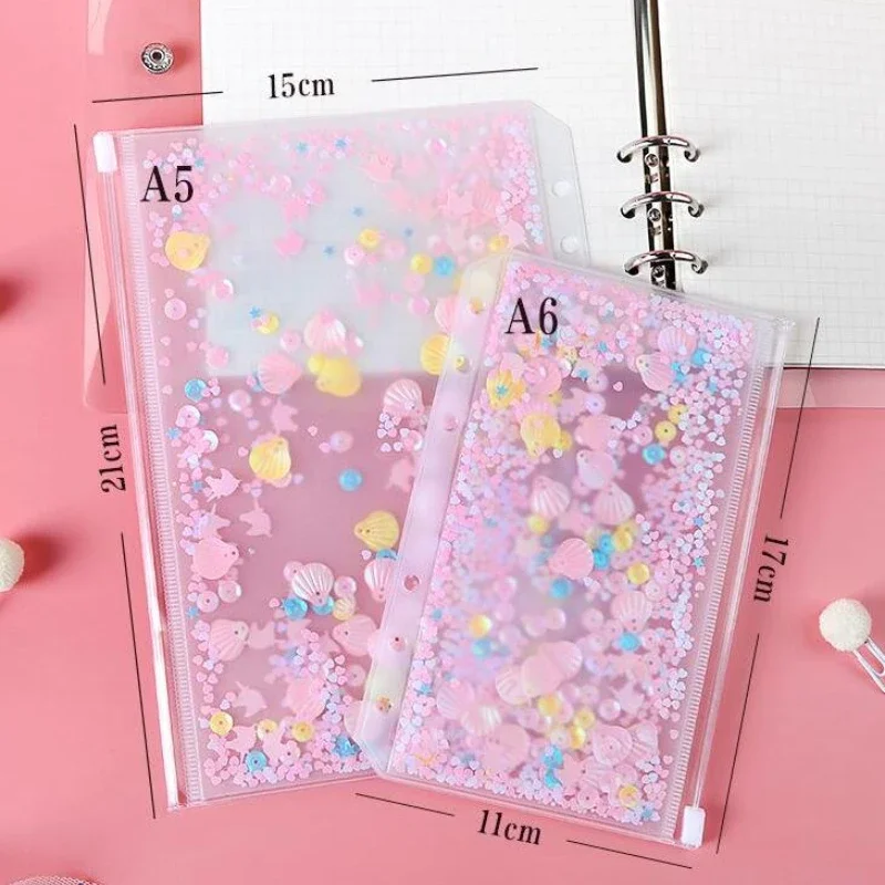 

A6 PVC Notebook Pocket with 6 Holes Glitter Plastic Binder Inserts Pockets 6 Ring Loose Leaf Bags Filofax Envelopes