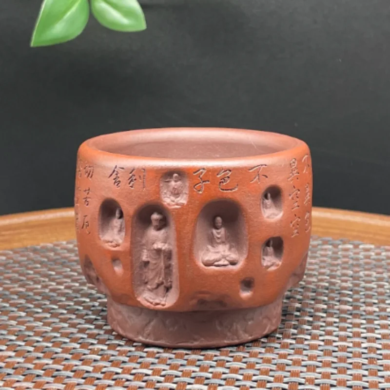 Traditional Chinese Zisha Tea Cup - Hand Carved Relief Grotto Buddha, Heart Sutra 110CC Zen Tea Table Ornament