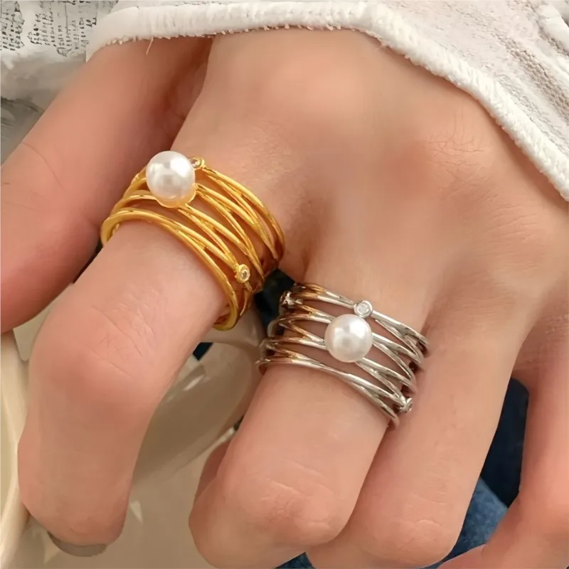 

VENTFILLE 925 Sterling Silver Pearl Multi Layers Ring For Women Aesthetic Crossing Temperament Fashion Jewelry Gift Dropshipping