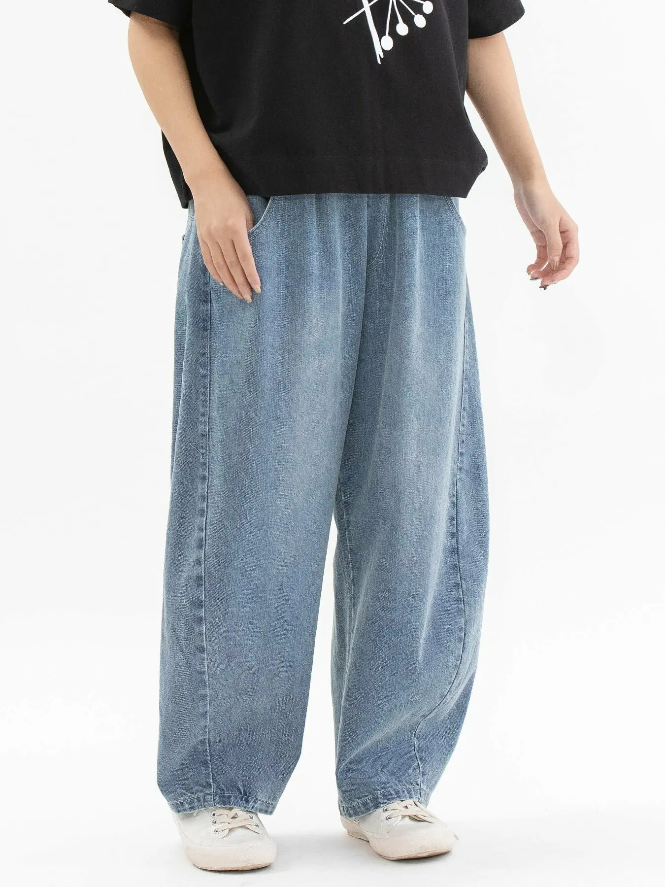 

Washed High Waist Casual Cotton Denim Pants with Embroidery Basic Style Loose Wide Leg Straight Tube Pants for Women