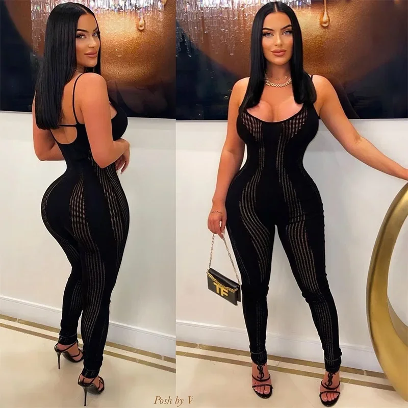 

Hollow Out Skinny Jumpsuits for Women Sexy Solid Low Neck Sleeveless Spaghetti Straps Backless Stretch Slim Fitness Rompers
