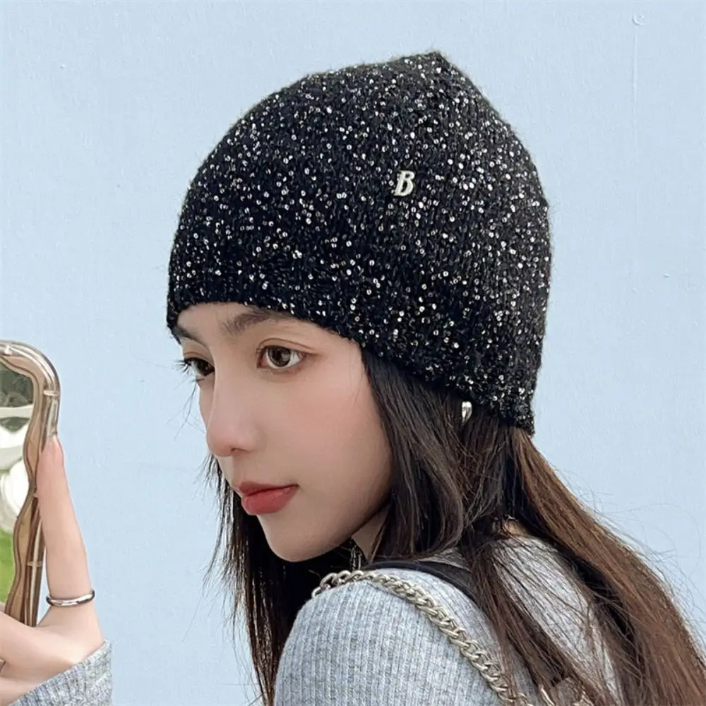 Sweet Bow Bowknot Beanies Hat Warm Cap Beanies Sequin Knitted Hat Wool Hat Black Knit Cap Girls