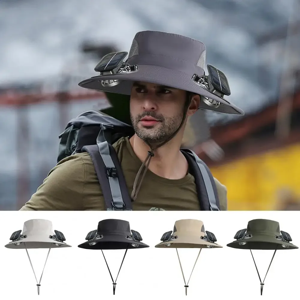 

Шляпа с солнечным вентилятором, ветрозащитная рыболовная шапка с широкими полями и двойными охлаждающими вентиляторами, USB-зарядка на солнечной батарее, для кемпинга, пешего туризма, защиты от солнца