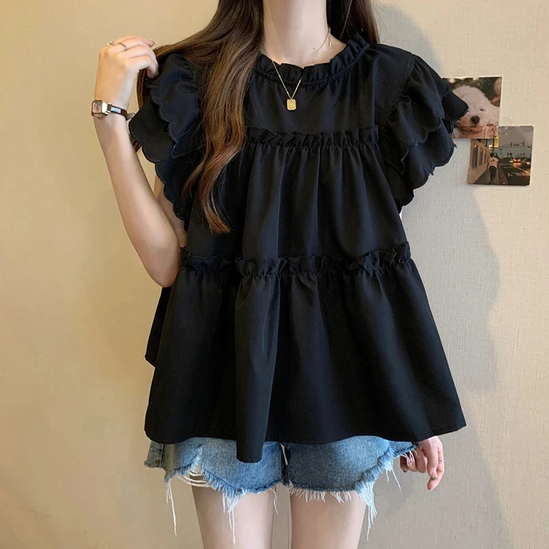 

French Sweet Ruffle Women T Shirt Loose Casual All Match Kawaii Female Tees Fashion Summer Butterfly Sleeve Cute Solid Tops New