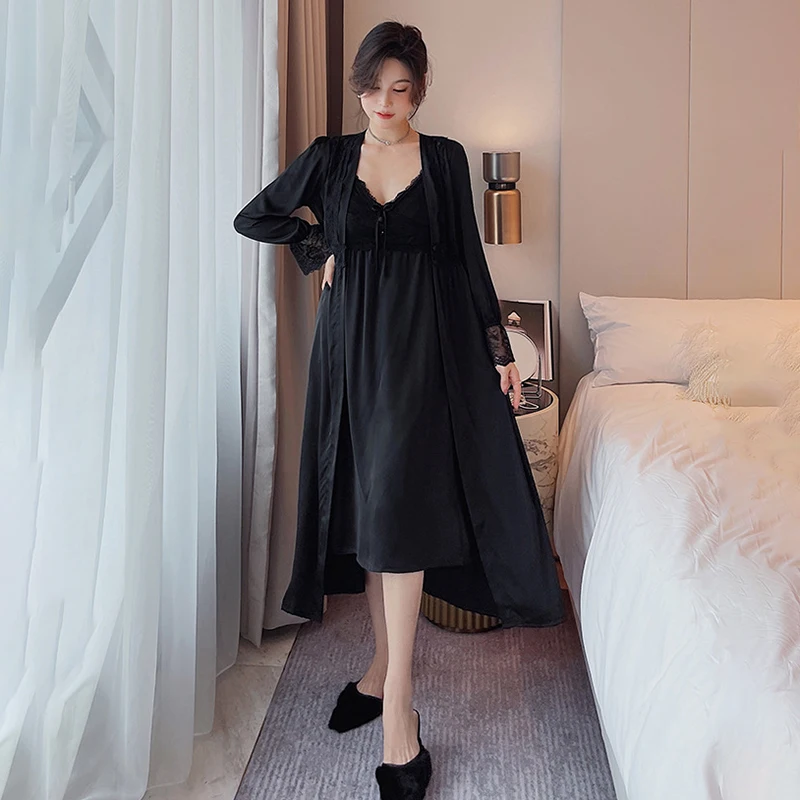 Women\'s Pajamas Robe Sets Sexy Lace V Neck Nightgowns Sleepwear Homewear Luxury Bathrobe Night Dress 2 Pieces Home Clothes Femme