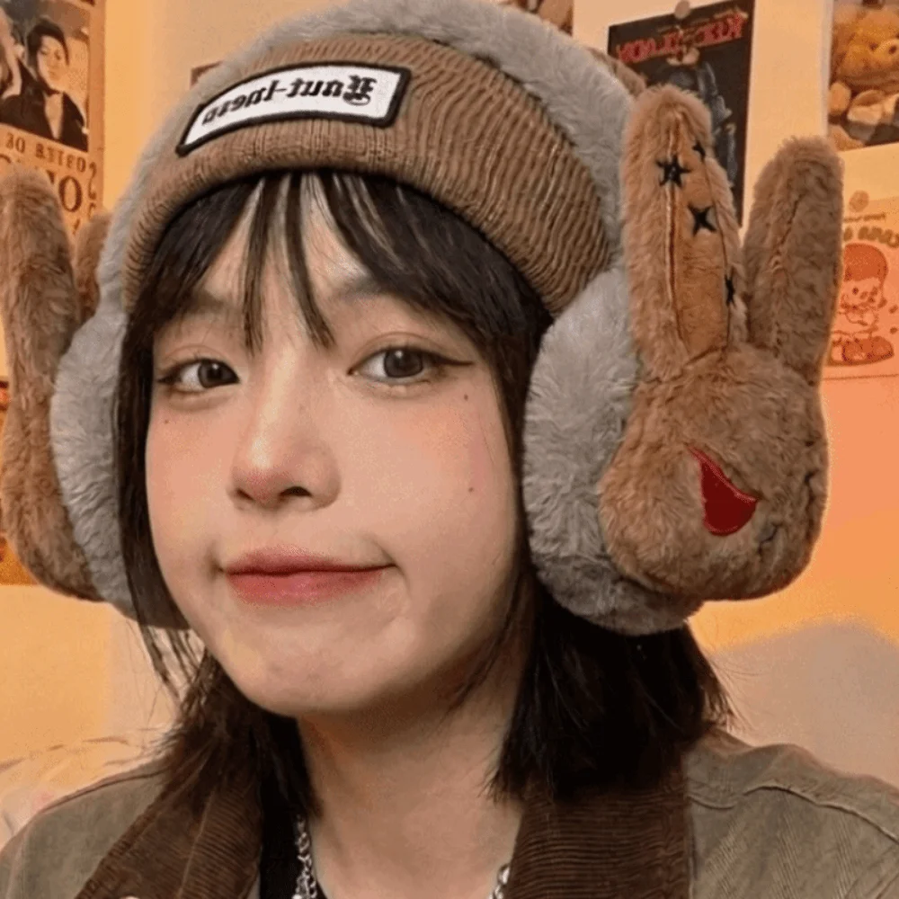 Plush Bunny Winter Ear Warmers Soft Fluffy Star Pattern Wounded Rabbit Earmuffs Cold-Resistant Cartoon Fuzzy Ear Protection