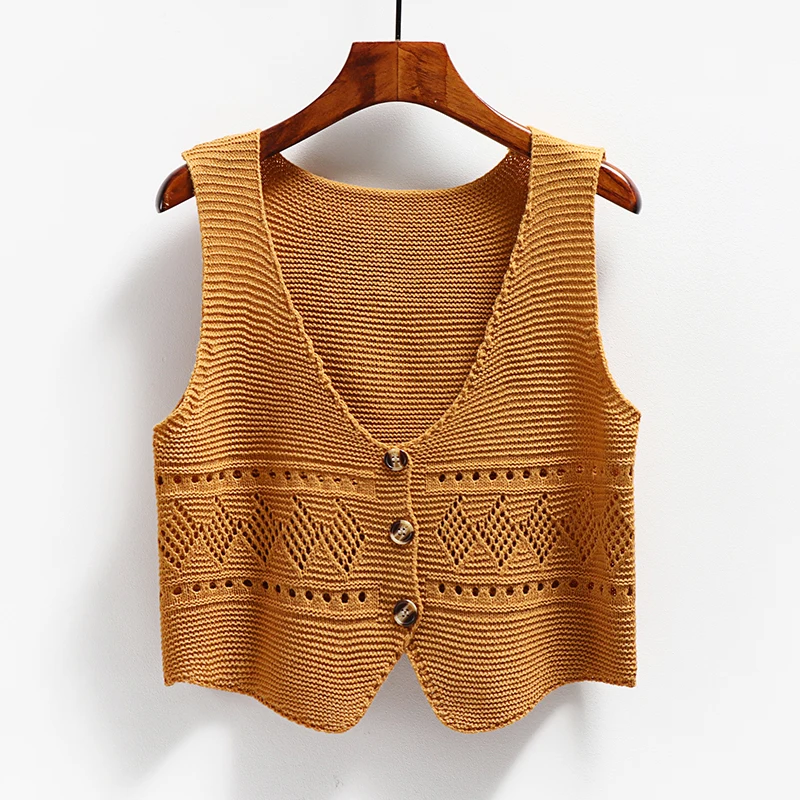 Korean V-neck Cardigan Sweater Vest Spring Autumn Sleeveless Knitted Coat Women\'s Summmer Hollow Out Loose Versatile Top