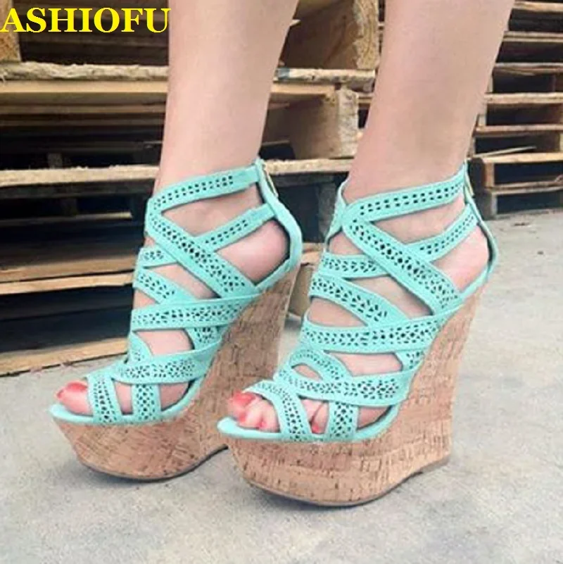 ASHIOFU Handmade New Women Wadge Heel Sandals Cross-straps Sexy Summer Shoes Peep-toe Party Prom Evening Fashion Sandals 4-color