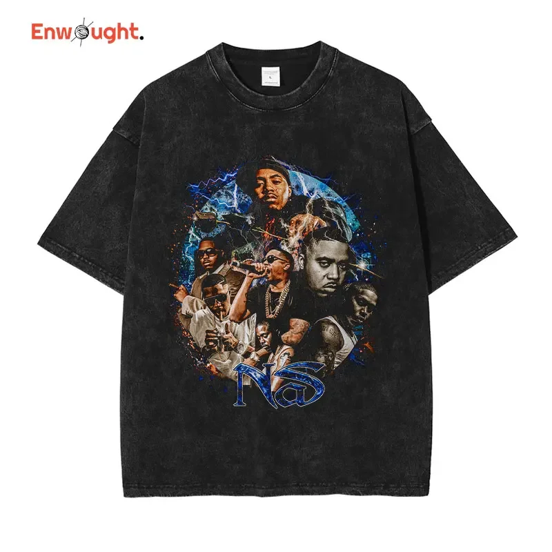 

Nas T Shirt Hip Hop Rapper Tops Tees Vintage Washed Short Sleeve Oversized T-shirt Harajuku DTG Printing Streetwear Men Cotton