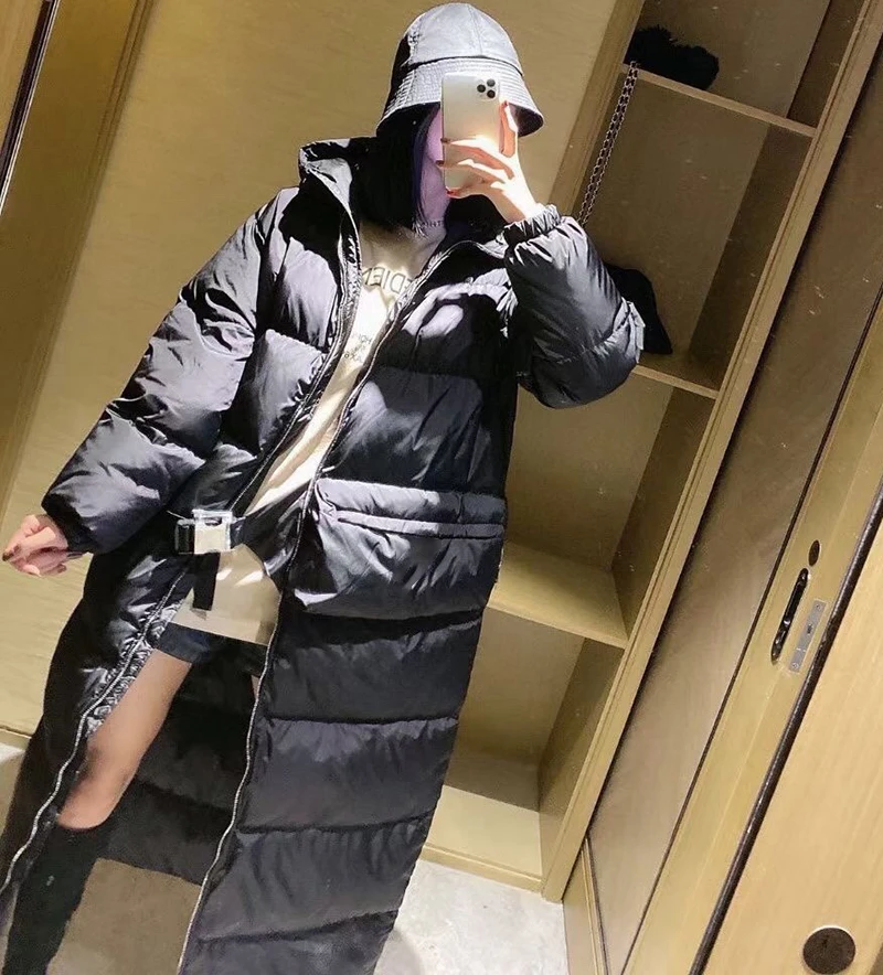 Winter Warm New in Loose Straight Overcoat 90% White Goose Zipper Hooded Luxury Long Coats Puffer Down Jacket Women 2022