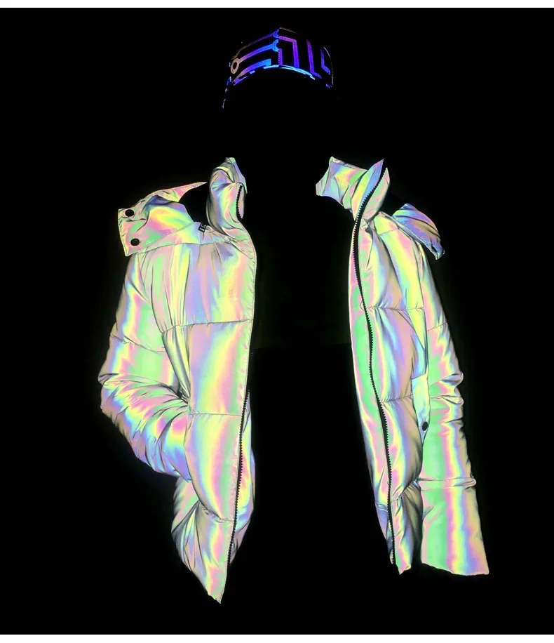 Stylish designs jackethi vis black rainbow reflective overcoat cotton down padded puffer hooded jackets for winter warm fashion