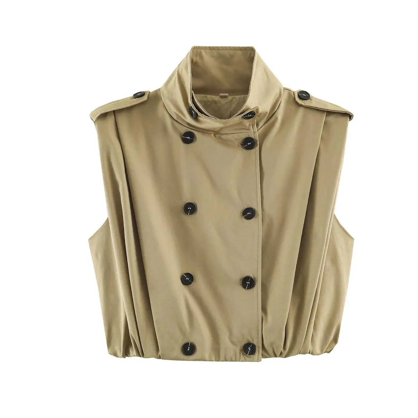 TFMLN Schicke Damenweste mit Stehkragen, doppelreihig, ärmellos, Streetwear-Trenchcoat, neue Herbstmode, plissierte Weste – Detail 15