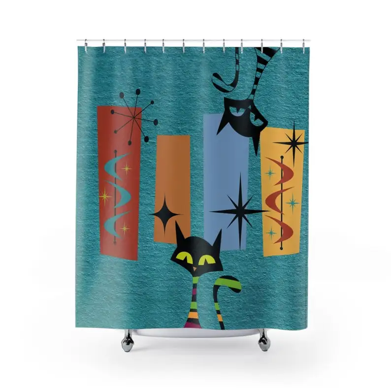Mid Century Modern Atomic Cat Shower Curtains, Retro Kitschy Teal Bathroom Decor, Geometric Bath Curtains