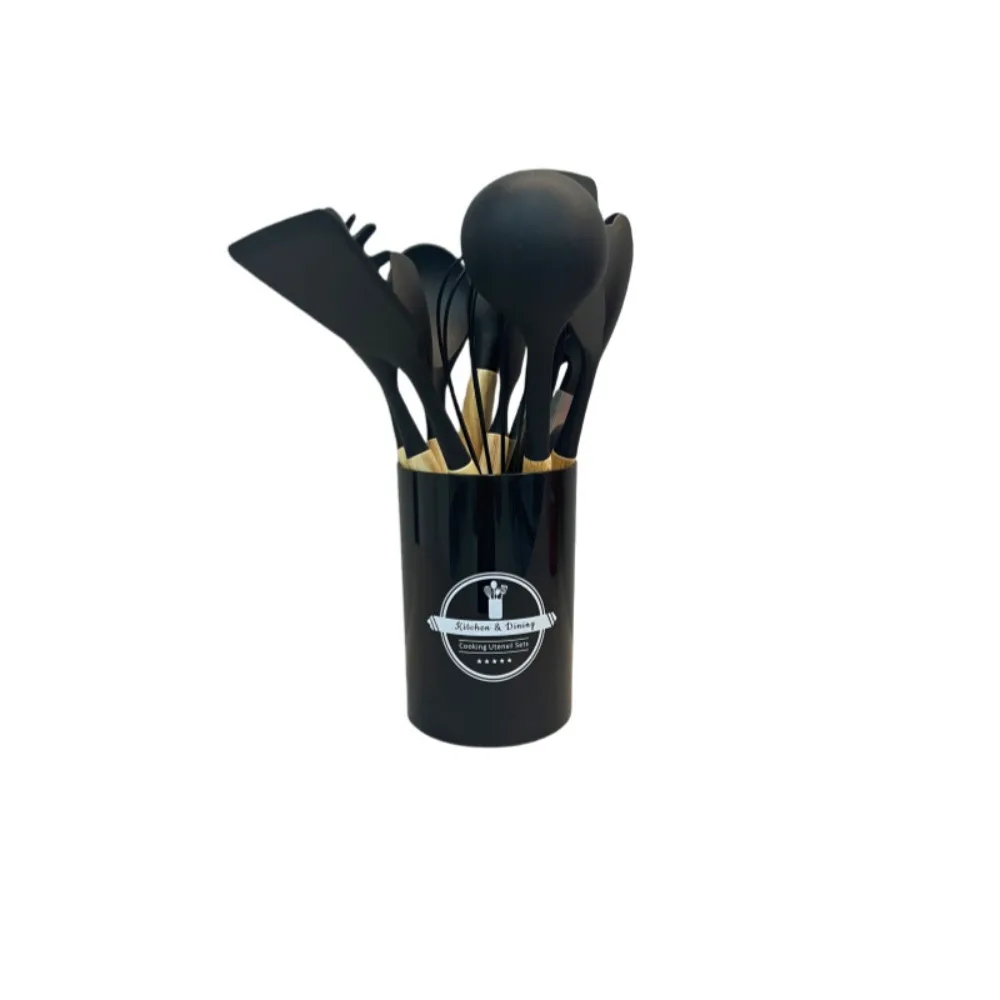 

12pcs Wooden Handle Kitchen Utensils Set Heat Resistant Silicone Non-Stick Cookware Set with Storage Bucket Eco-Friendly