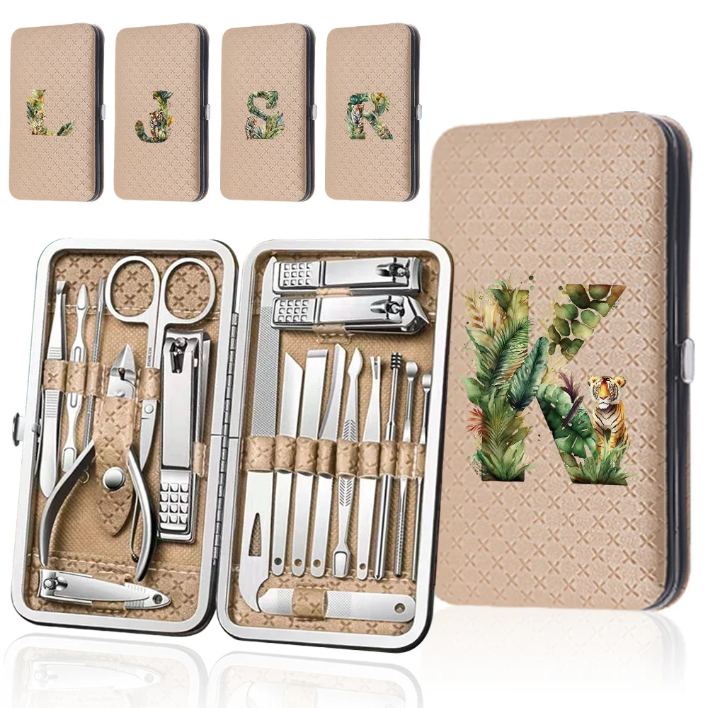 

19 Pcs Nail Clippers Set Storage Box Portable Pedicure Manicure Set Nail Tools Kit Personal Care Jungle Tiger Letter Pattern