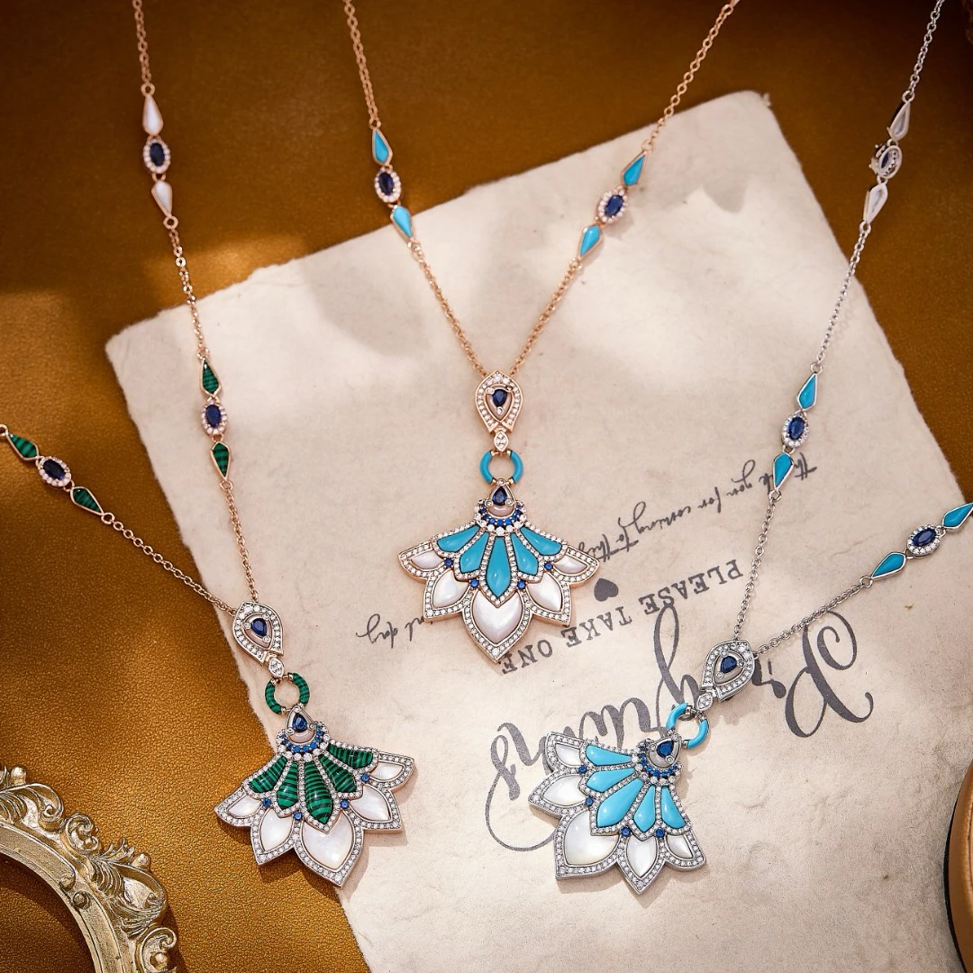 Fashion Design Inlay AAA Cubic Zircon Turquoise Shell Sweater Chain Necklace Earrings Set For Women Dating Party Dress Jewelry