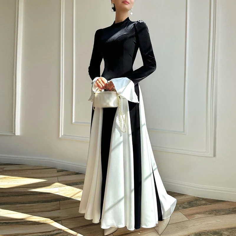 Elegant Flared Sleeve Color Blocked Patchwork Long Dress New Fall High Waist Evening Party Dress Temperament O Neck Velvet Dress