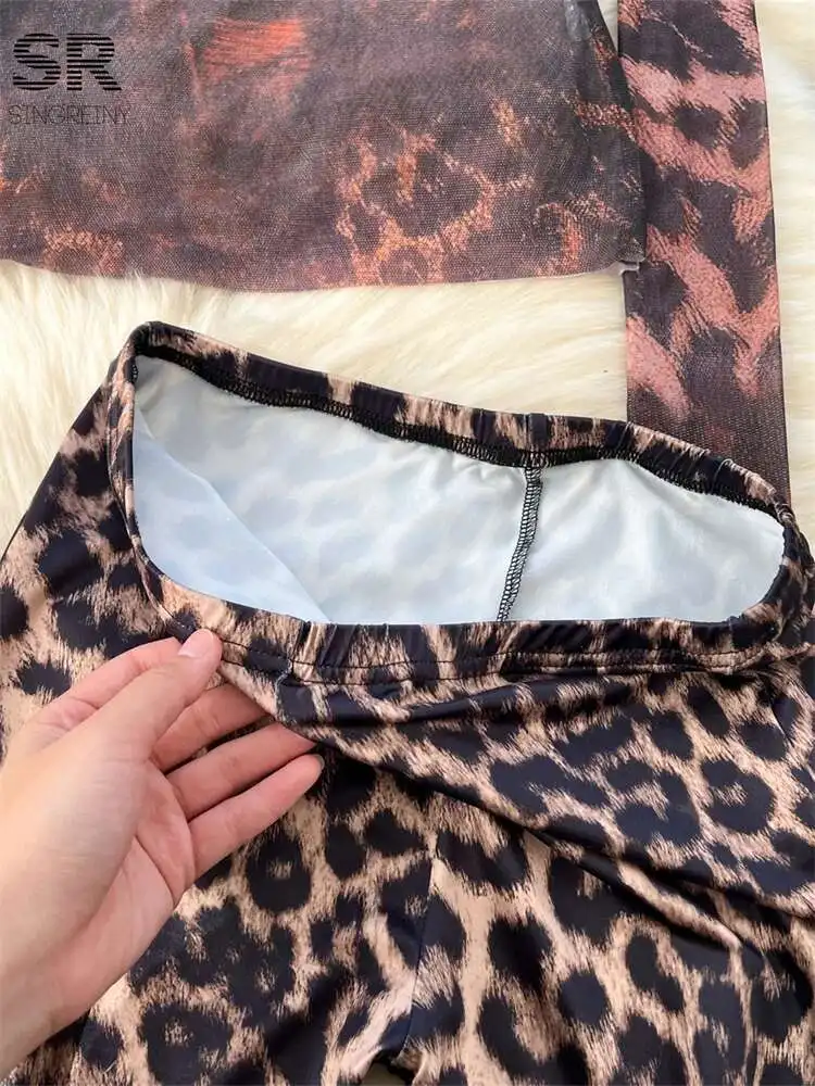BabYoung เซ็กซี่เสือดาว 2 ชิ้นชุดผู้หญิง SHEER Slim ตาข่ายเสื้อ + เอวยาวกางเกง Steetwear แฟชั่นฤดูใบไม้ร่วงชุด