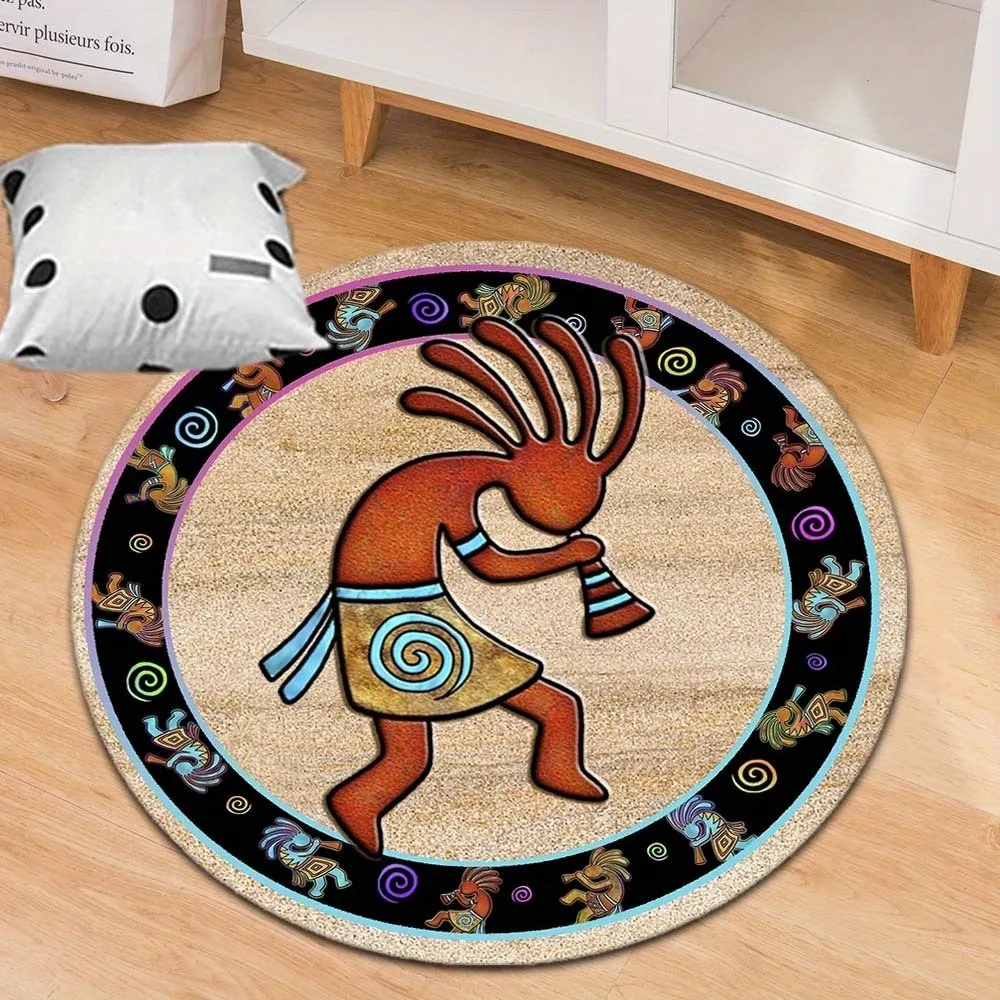 Retro Kokopelli Flute Player Round Area Rug, Vibrant Southwest Design Non-Slip Floor Mat, Decorative Carpet for Living Room