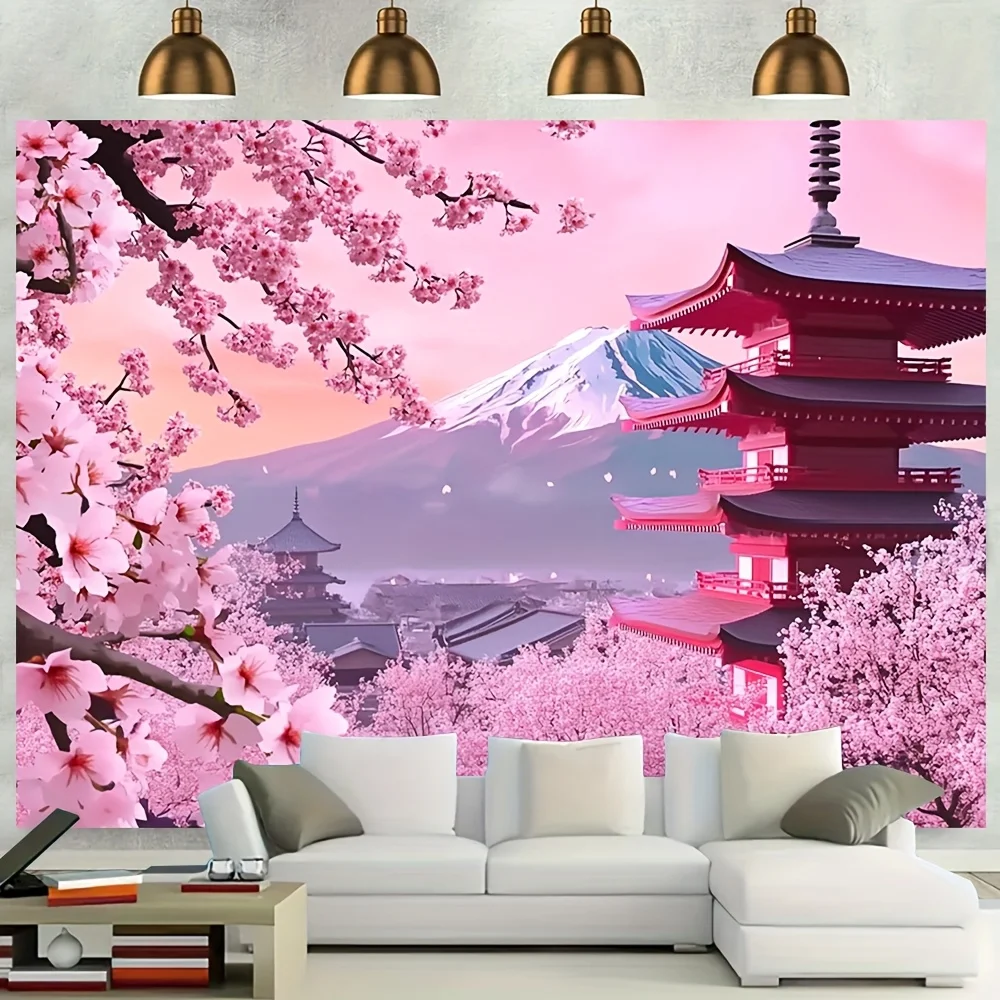 Cherry Blossom Pagoda Tapestry - Idyllic Japanese Landscape with Mount Fuji for Home Decor and Aesthetic, Perfect for Any Room