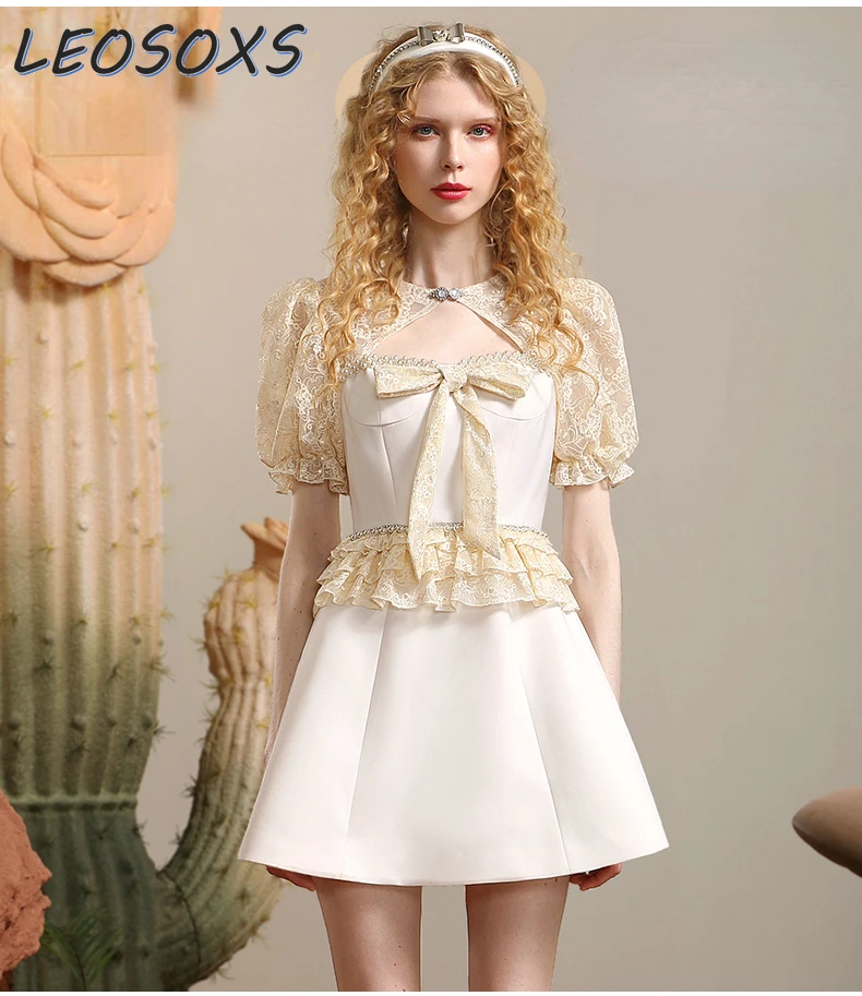 Elegant Bow Design Sense Dress Female 2024 Spring Fashion Contrast Temperament Openwork Lace Stitching Pearl Ruffled Dresses