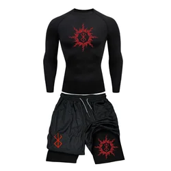 New Compression Set Y2K Print Sportwear for Men Quick Dry Gym Shorts+Shirt 2PCS Running Workout Summer Rashguard Sport Suit