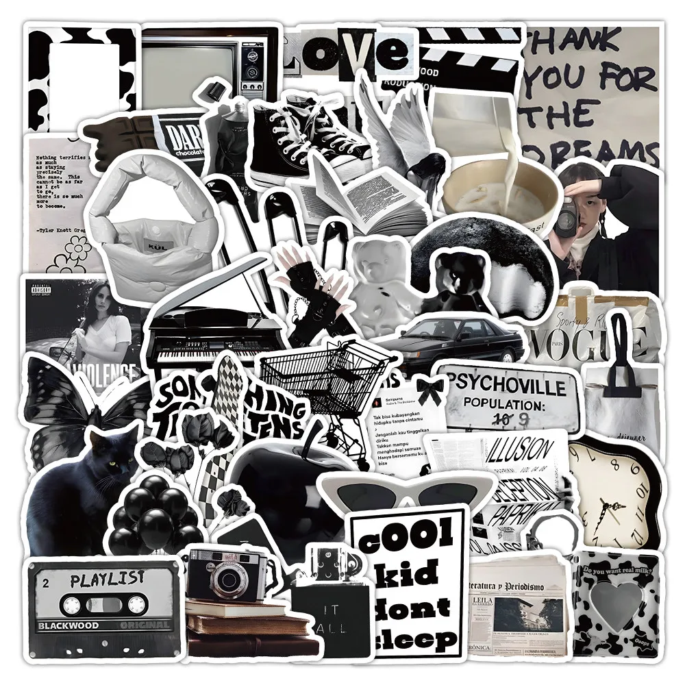 50 Pcs Black and White Silent Film Die-Cut Stickers - Vintage Artistic Waterproof Decor for Journals Crafts AnimeWorlds Store