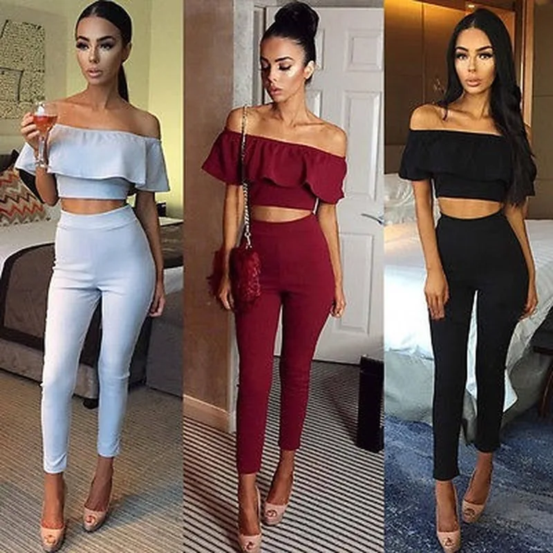 2022 Spring and Autumn New Sexy Women's Sexy One-word Neck Fashion Casual Two-piece Crop Top Trousers Bodysuit Club Bodysuit