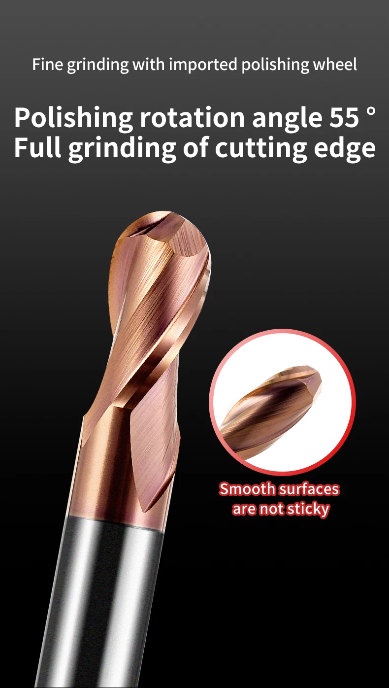 2-Schneiden-Wolframkarbid-Kugelkopffräser, HRC55 CNC-Schneidwerkzeug, 0,5-4 mm Durchmesser, Hartmetall-Kugelkopf mit verlängertem Schaft – Detail 4